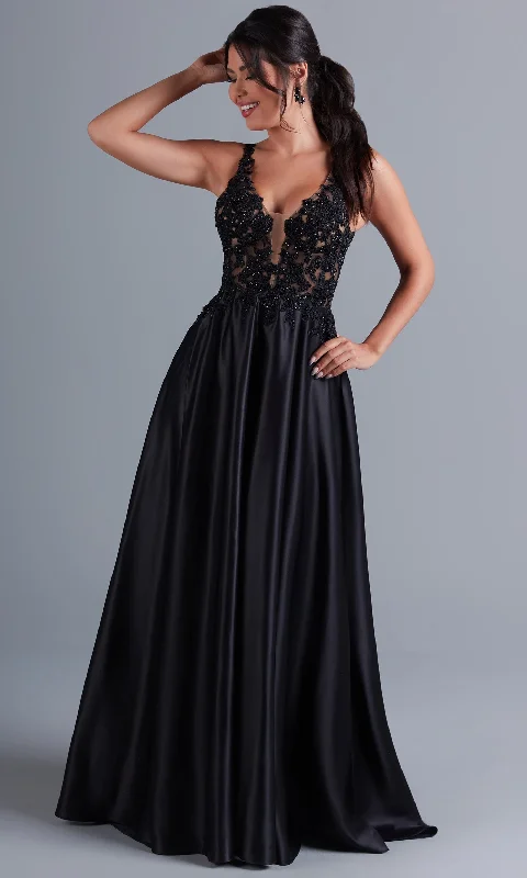 开始Long Black Formal Dress with Sheer Lace Bodice