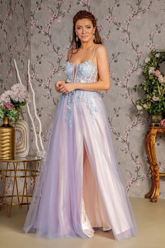 purple vacation evening dress -3D Butterfly Sleeveless Two-Tone Gown by GLS Gloria GL3252