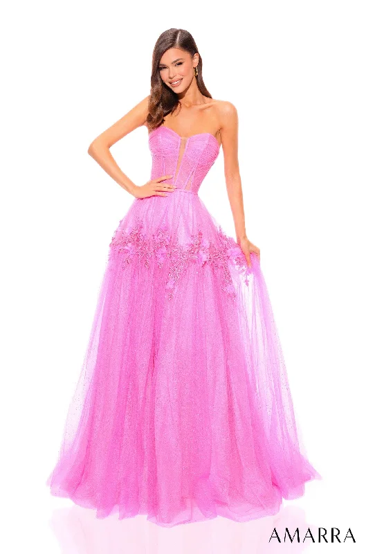 pink fall evening dress -3D Floral Corset A-line Tulle Ball Gown by Amarra 88874