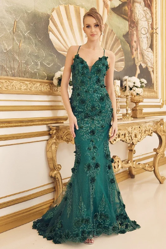 blue velvet evening dress -3D Floral Lace-Up Back Mermaid Gown by Nox Anabel C1098