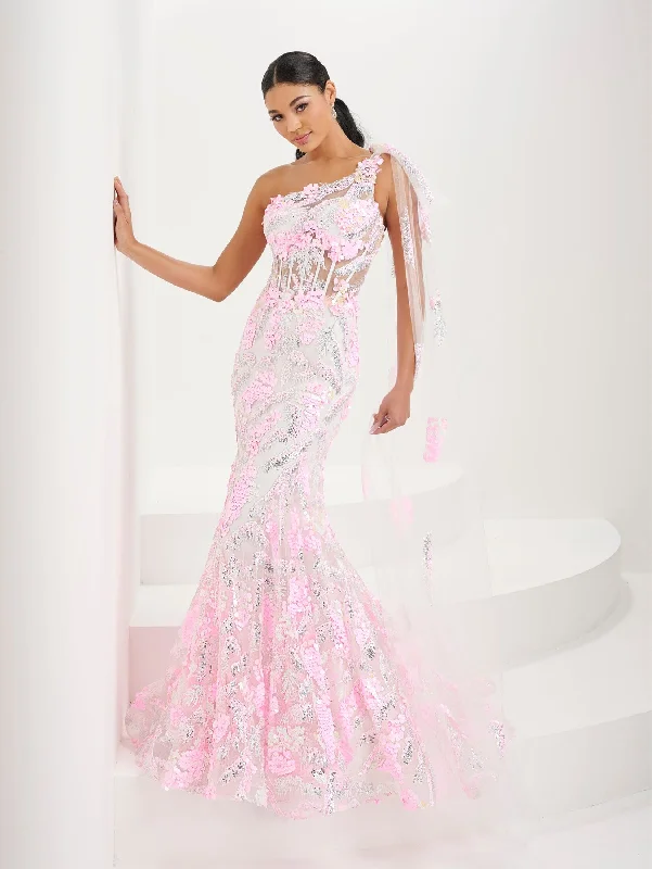 pink gala evening dress -Applique One Shoulder Corset Gown by Tiffany Designs 16082