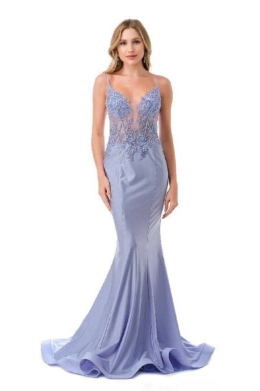 blue silk evening dress -Applique Sheer Corset Bodice Mermaid Dress by Coya L2813