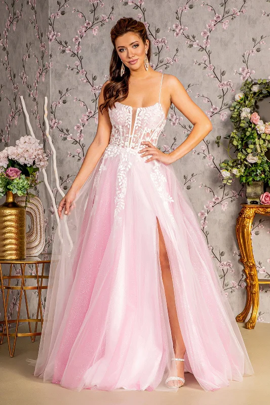 elegant pink evening dress -Applique Sleeveless A-line Slit Gown by GLS Gloria GL3249