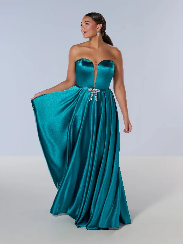 blue winter evening dress -Curvy Charmeuse Strapless Gown by Tiffany Designs 16219