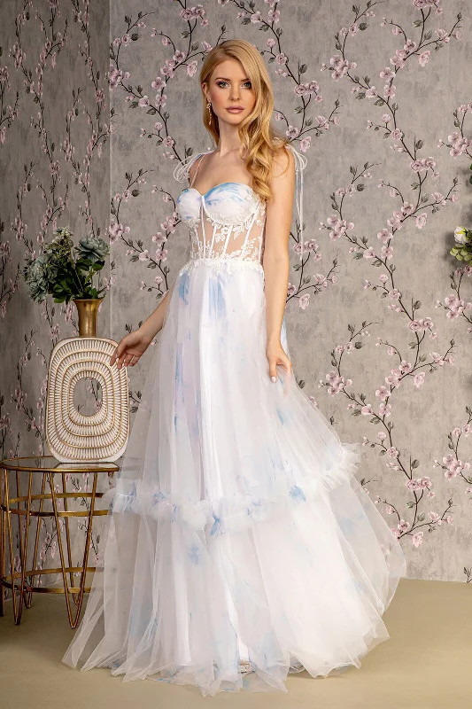 blue long sleeve evening dress -Embroidered Sheer Corset Tiered Gown by GLS Gloria GL3208