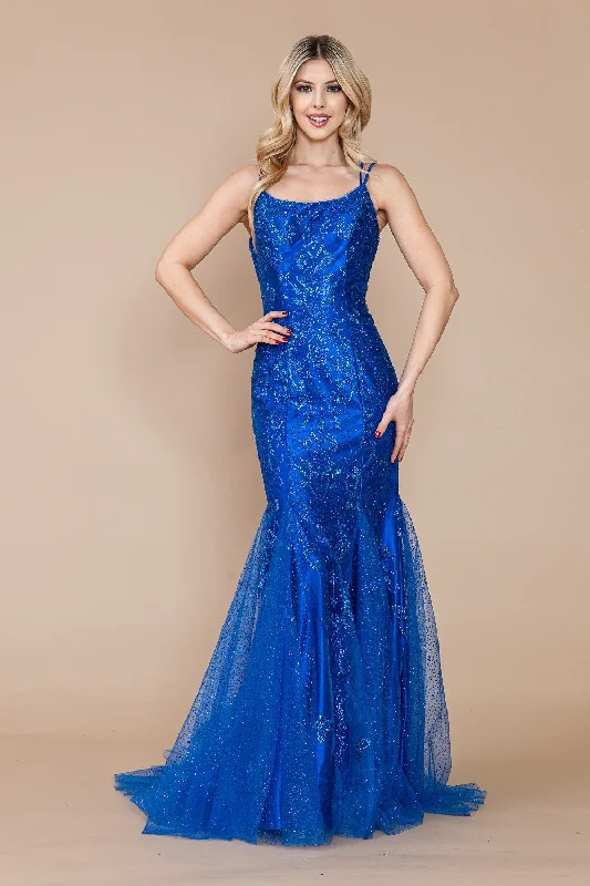 blue summer evening dress -Fitted Glitter Print Sleeveless Gown by Poly USA 9306