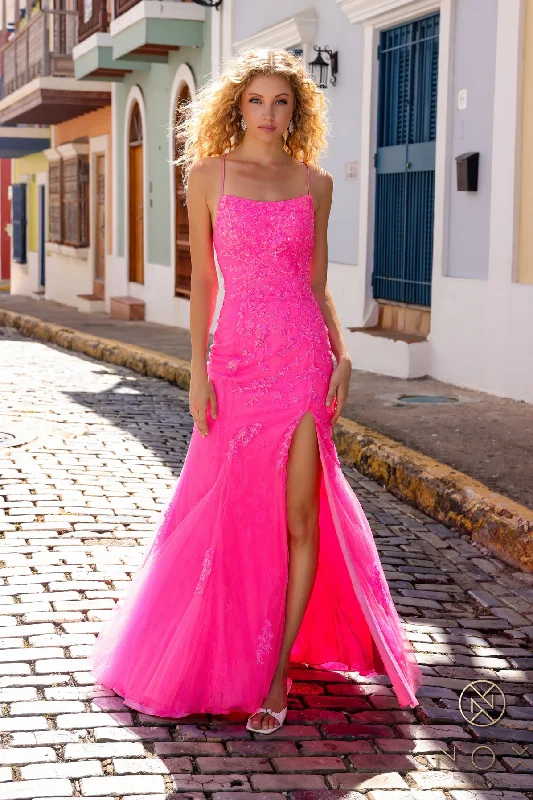 trendy blush evening dress -Fitted Sleeveless Lace Tulle Slit Gown by Nox Anabel P1401