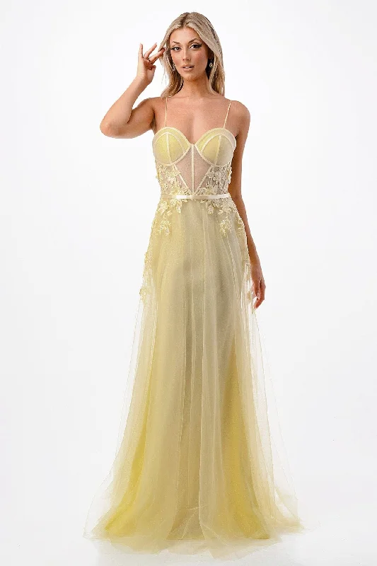 green designer evening dress -Floral Applique Sheer Bustier Gown by Coya P2110