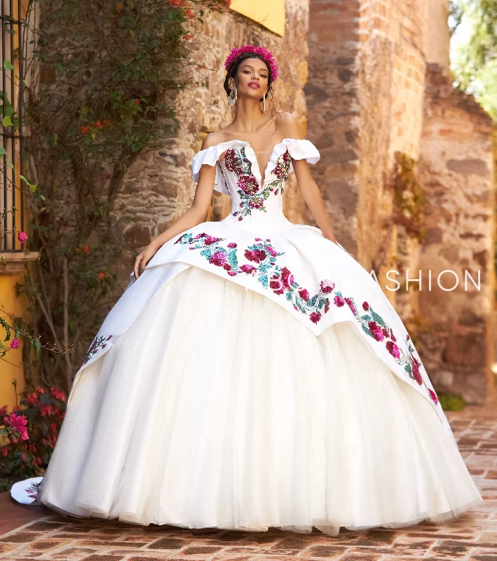 white short sleeve evening dress -Floral Off Shoulder Quinceanera Dress by Ragazza M41-141