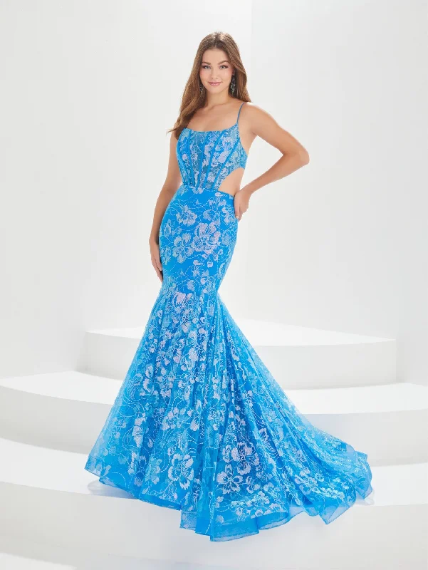 blue floral evening dress -Glitter Print Corset Mermaid Dress by Tiffany Designs 16011