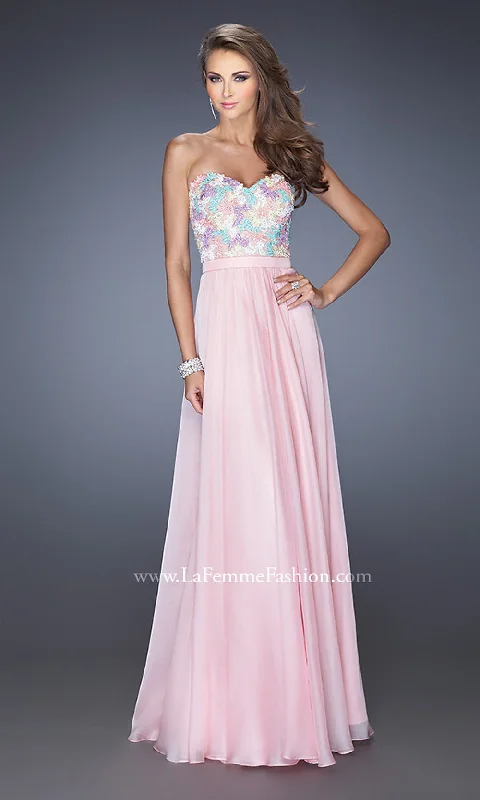 shirred maxi dresses online -La Femme Strapless Long A-Line Formal Dress