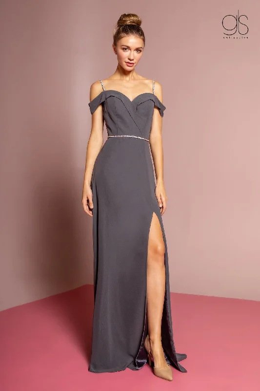 black spring evening dress -Long Cold Shoulder Dress with Side Slit by Elizabeth K GL2665