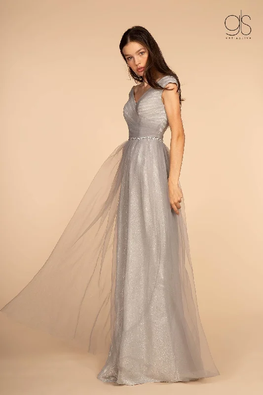 white high low evening dress -Long Ruched V-Neck Dress with Jeweled Waistband by Elizabeth K GL2560