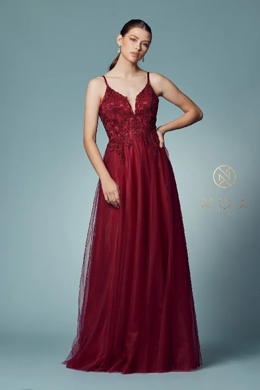 red gala evening dress -Long Tulle Embroidered Bodice Dress by Nox Anabel R357