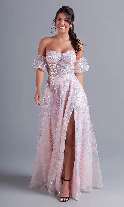 sage green maxi dresses online -Puff-Sleeve Blush Pink Long Sequin Formal Dress