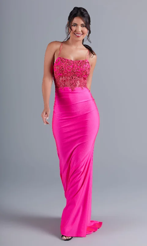 striped knit maxi dresses -Hot Pink Long Formal Dress with Sheer Bodice