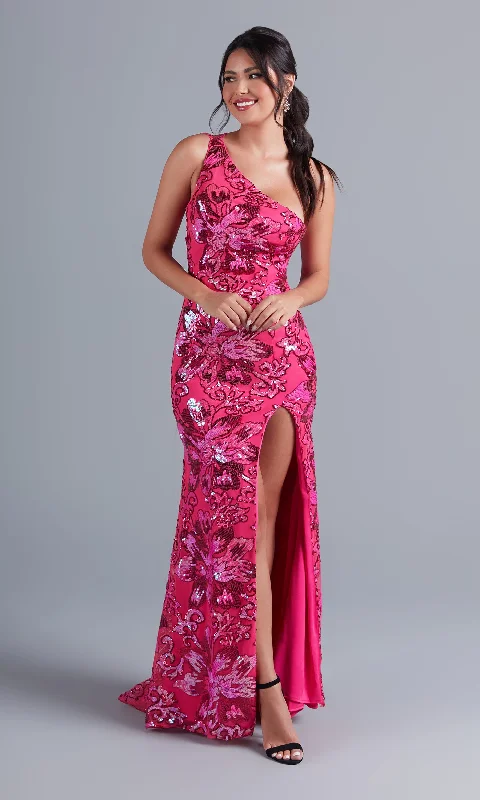 elegant maroon maxi dresses -Hot Pink One-Shoulder Sequin Long Formal Dress