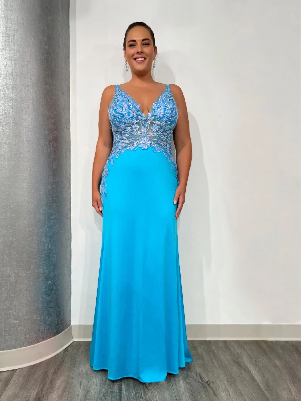 blue high low evening dress -Plus Size Fitted Floral Applique Gown by Tiffany Designs 16137