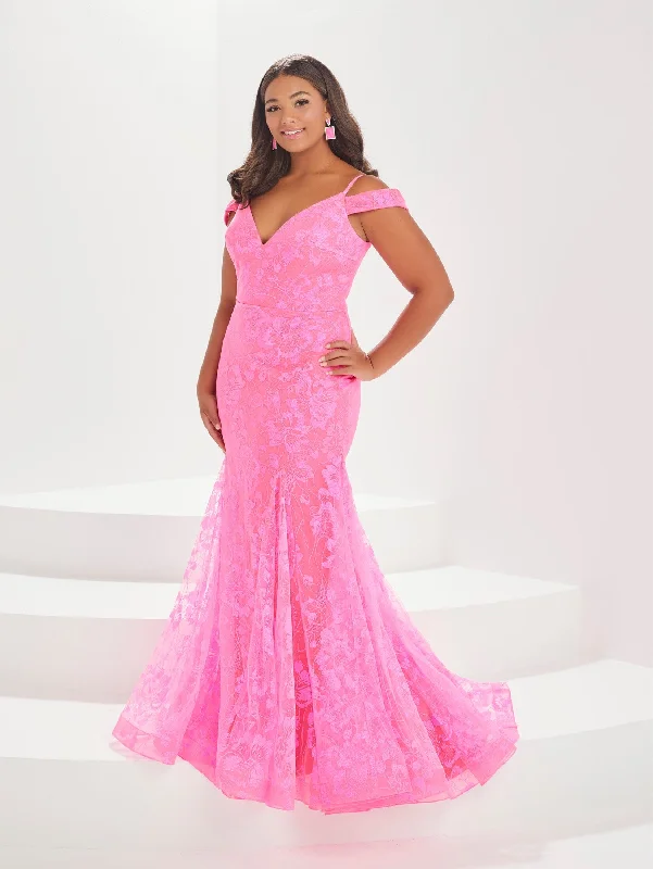 casual blush evening dress -Plus Size Glitter Cold Shoulder Gown by Tiffany Designs 16039