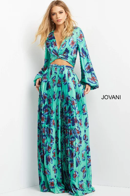 purple satin evening dress -Print Long Sleeve Two Piece Set by Jovani 07202