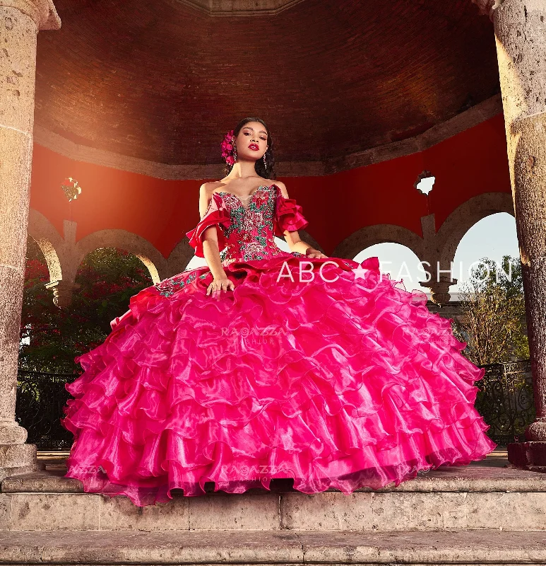 pink long sleeve evening dress -Ruffled Floral Charro Quinceanera Dress by Ragazza M44-144