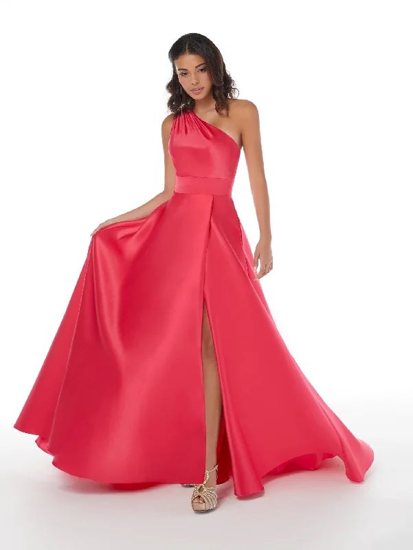 elegant red evening dress -Satin One Shoulder A-line Slit Gown by Studio 17 12861