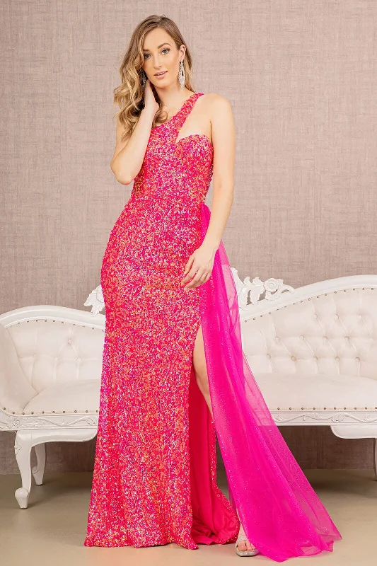 red chic evening dress -Sequin One Shoulder Slit Gown by Elizabeth K GL3133