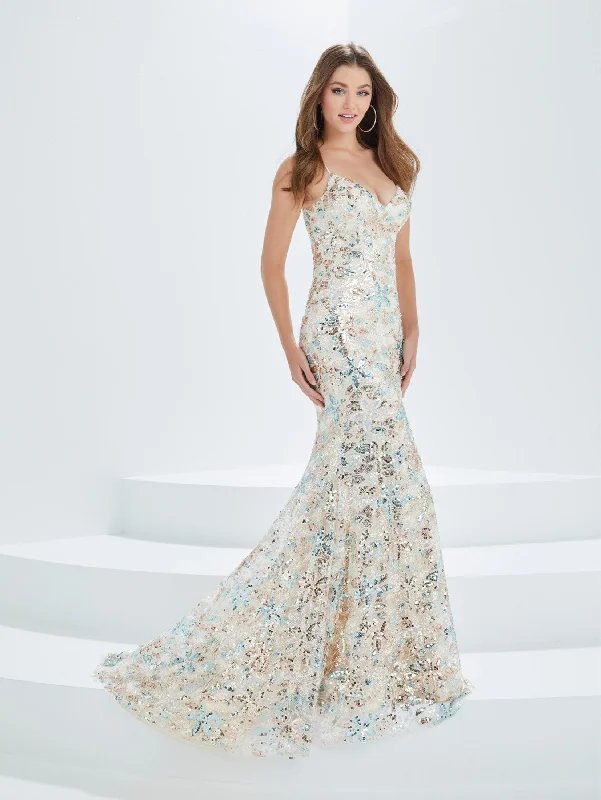 elegant silver evening dress -Sequin Print V-Neck Mermaid Dress by Tiffany Designs 16028