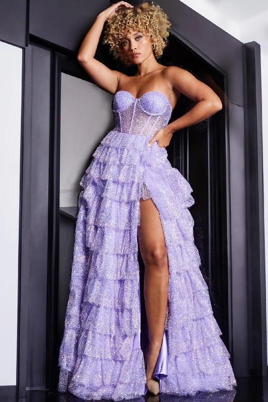 casual violet evening dress -Strapless Ruffled A-line Slit Gown by Jovani 38165