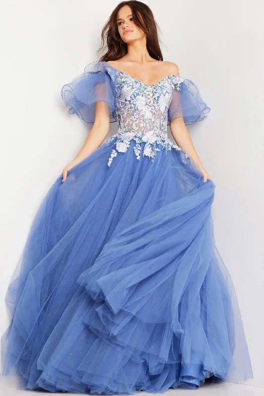 blue trendy evening dress -Tulle Short Sleeve A-line Gown by Jovani 24575