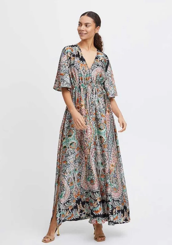 chic plaid maxi dresses -B.Young Hermine Floral Long Dress, Black Mix