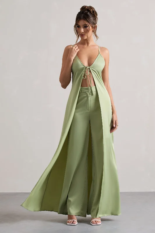 bold black maxi dresses -Calvi | Pale Green Satin Longline Cami Top With Split Front