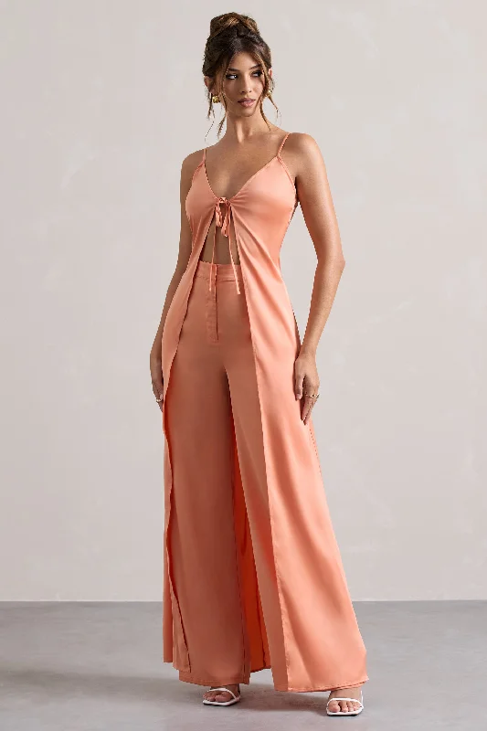 leopard print maxi dresses -Calvi | Peach Satin Longline Cami Top With Split Front