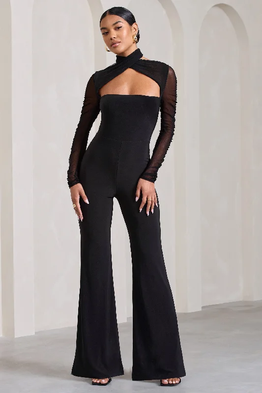 开始Fallon | Black Flared-Leg Jumpsuit With Long Mesh Sleeves