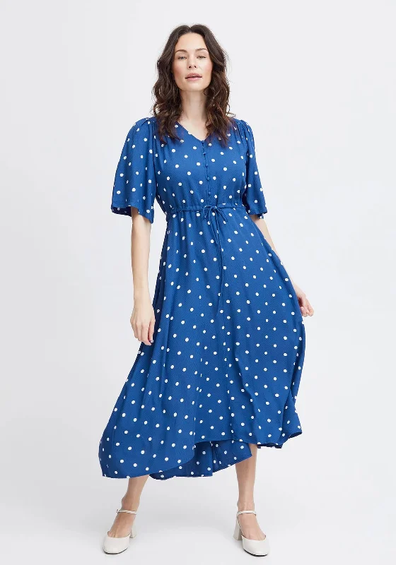 gold shimmer maxi dresses -Fransa Kamma Polka Dot Long Dress, Blue