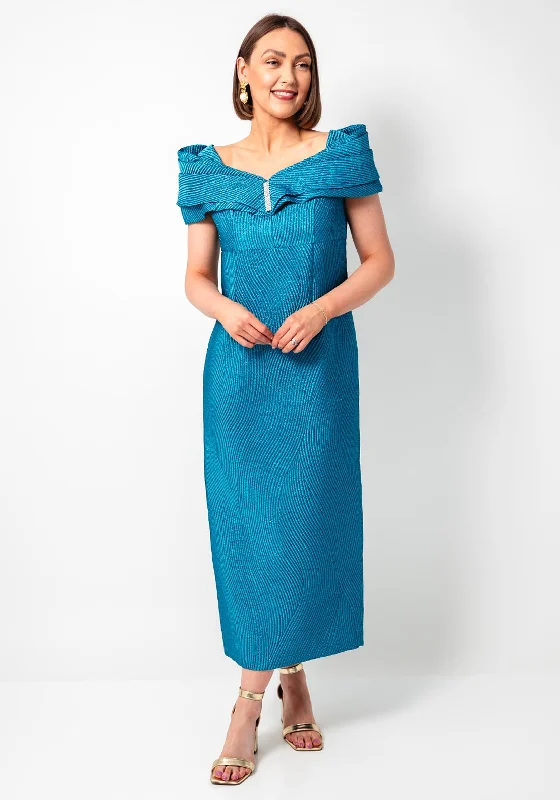 pastel blue maxi dresses -Gabriela Sanchez Lurex Textured Bardot Long Dress, Blue