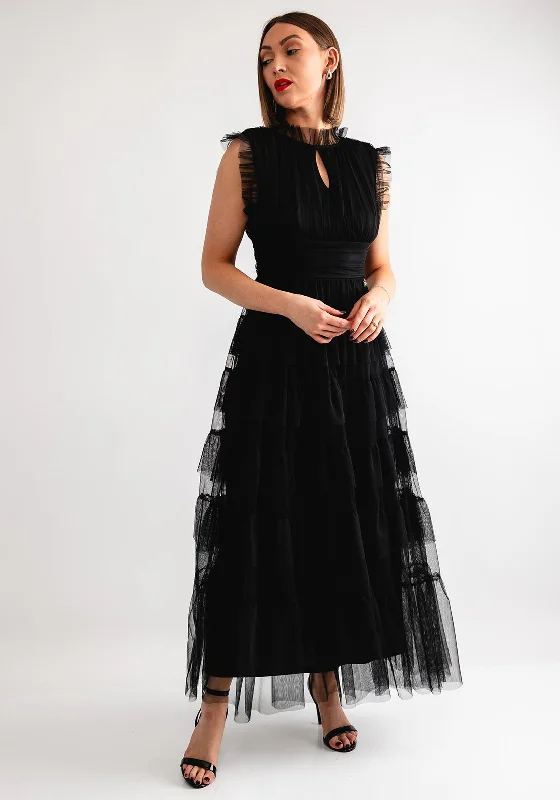 cozy wool maxi dresses -Goa Goa Tulle Tiered Long Dress, Black