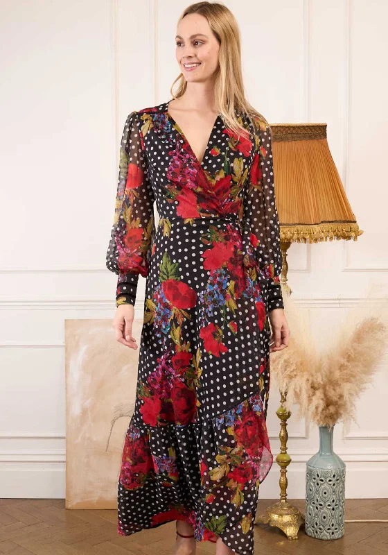 tie front maxi dresses sale -Hope & Ivy Moni Floral Dot Long Wrap Dress, Black