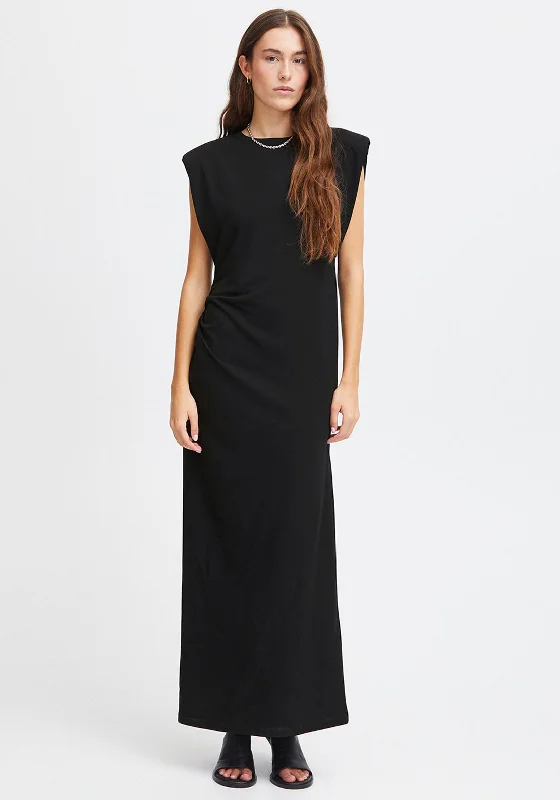 ribbed knit maxi dresses -Ichi Katine Shoulder Pad Ruched Long Dress, Black