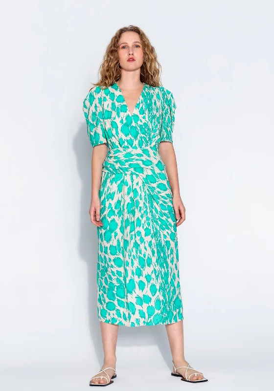 holiday maxi dresses with sparkle -Kameya Leopard Inspired Print Long Dress, Turquoise