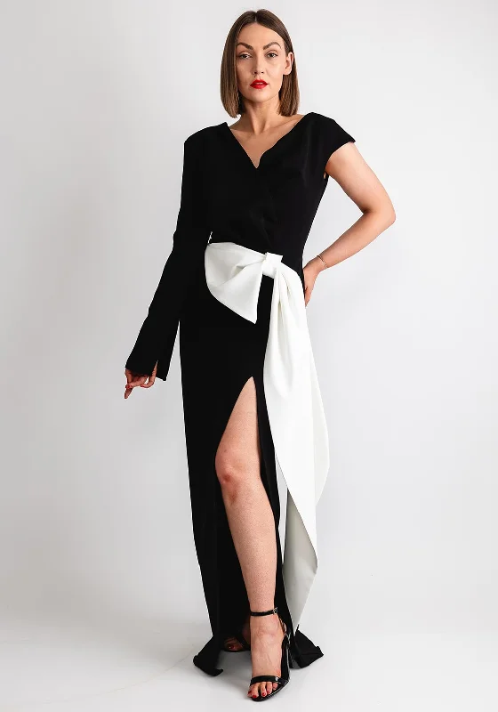 knit sweater maxi dresses -Kevan Jon Safia One Sleeve Bow Long Dress, Black