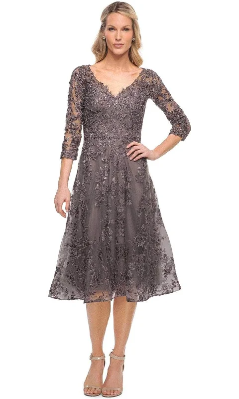 La Femme - Embroidered V-Neck Cocktail Dress 30268SC - 1 pc Gunmetal In Size 10 Available