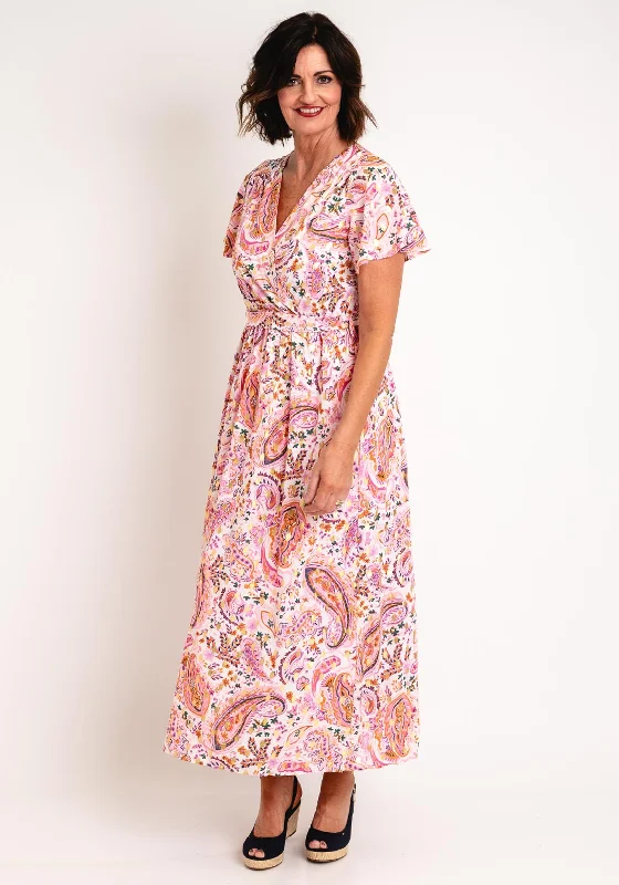 high neck maxi dresses formal -Serafina Collection Paisley Long Wrap Dress, Pink