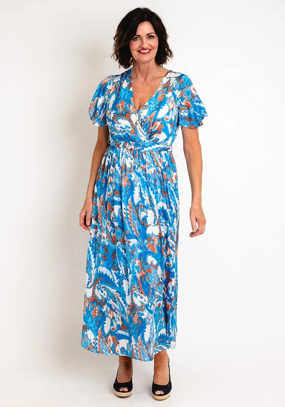 long knit maxi dresses for women -Serafina Collection Blurred Print Long Wrap Dress, Blue