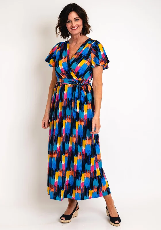 sheer maxi dresses with slip -Serafina Collection Printed Long Wrap Dress, Blue Multi