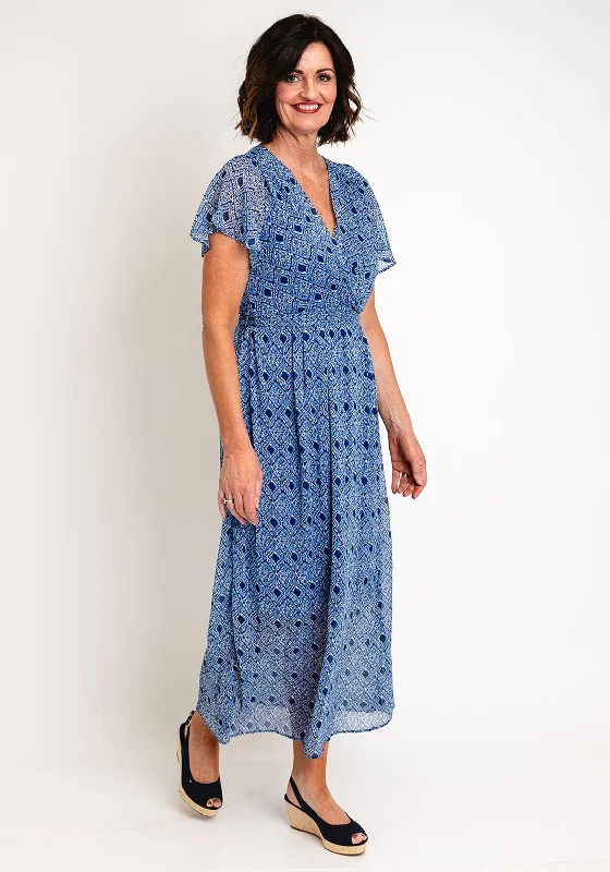 striped knit maxi dresses -Serafina Collection Vintage Print Wrap Long Dress, Blue