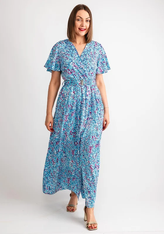 flowy beige maxi dresses -Serafina Collection Printed Belted Long Wrap Dress, Blue