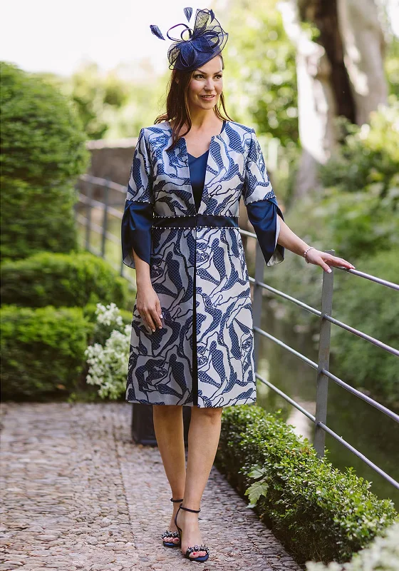 bright red maxi dresses for holidays -Lizabella Embossed Design Long Jacket & Dress Two Piece, Navy