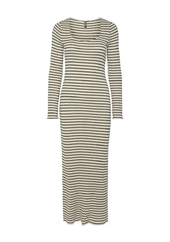 midnight blue maxi dresses -Pieces Iris Ribbed Knit Striped Long Dress, Birch & Black