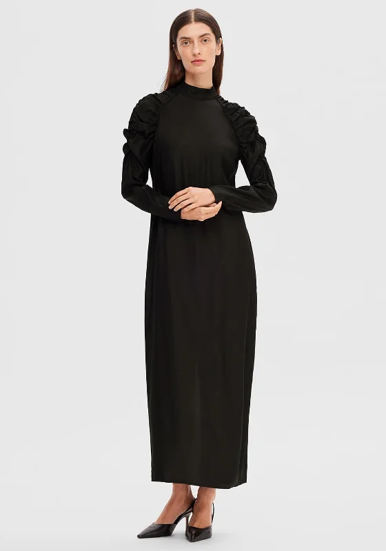 flowy maxi dresses for autumn -Selected Femme Nora Ruched Shoulder Detail Long Dress, Black